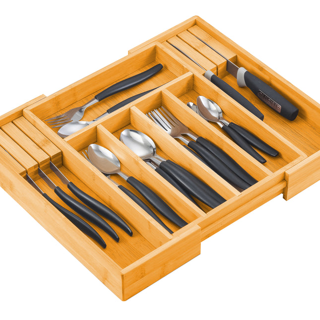 Large Capacity Bamboo Expandable Drawer Organizer with Knife Block Holder for Home Kitchen Utensils.