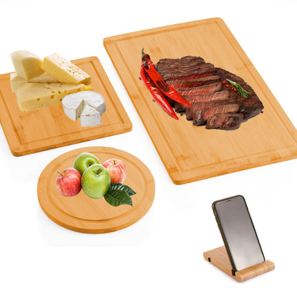 3 Pieces Bamboo Cutting Board with Juice Groove and Mobile Holder included for Home Kitchen.