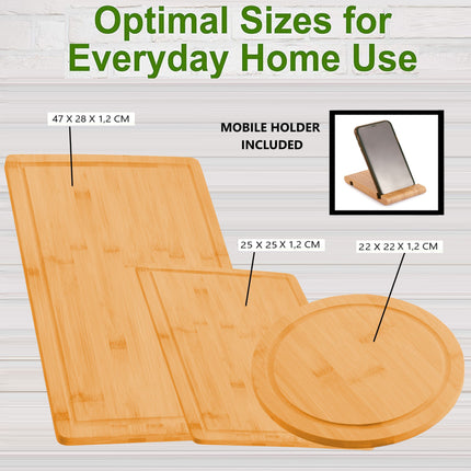 3 Pieces Bamboo Cutting Board with Juice Groove and Mobile Holder included for Home Kitchen.