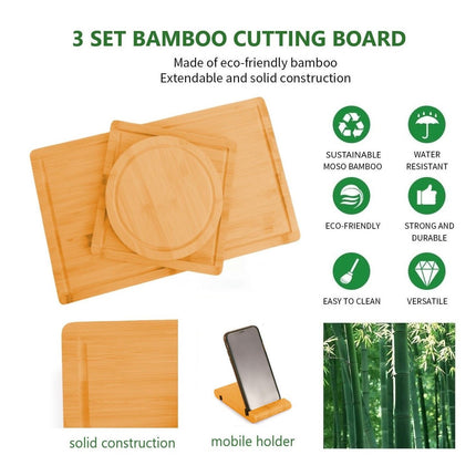 3 Pieces Bamboo Cutting Board with Juice Groove and Mobile Holder included for Home Kitchen.