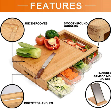 Large Bamboo Cutting Board and 4 Containers with Mobile Holder gift included for Home Kitchen.