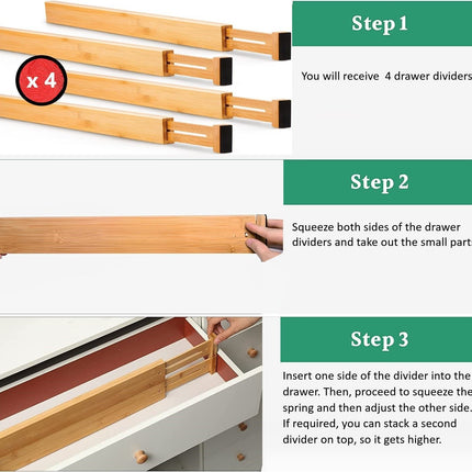 4 Pack Bamboo Adjustable Kitchen Drawer Dividers (Large, 44-55 cm).