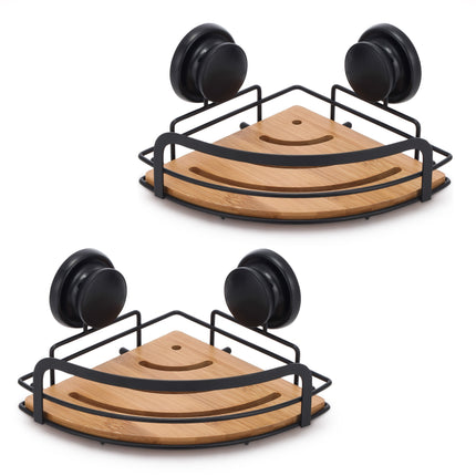 2 Pack Round Bamboo Corner Shower Caddy Shelf Basket Rack with Premium Vacuum Suction Cup No-Drilling for Bathroom and Kitchen.