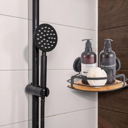 2 Pack Round Bamboo Corner Shower Caddy Shelf Basket Rack with Premium Vacuum Suction Cup No-Drilling for Bathroom and Kitchen.