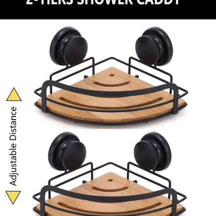 2 Pack Round Bamboo Corner Shower Caddy Shelf Basket Rack with Premium Vacuum Suction Cup No-Drilling for Bathroom and Kitchen.