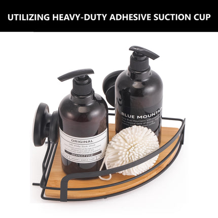 2 Pack Round Bamboo Corner Shower Caddy Shelf Basket Rack with Premium Vacuum Suction Cup No-Drilling for Bathroom and Kitchen.