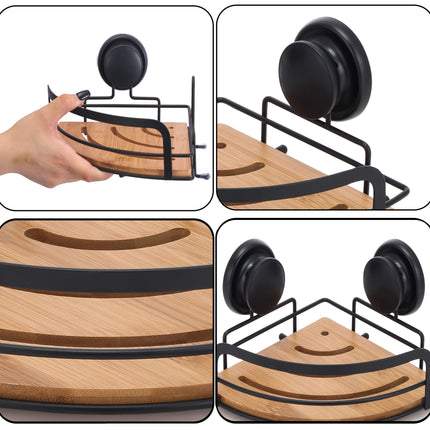2 Pack Round Bamboo Corner Shower Caddy Shelf Basket Rack with Premium Vacuum Suction Cup No-Drilling for Bathroom and Kitchen.