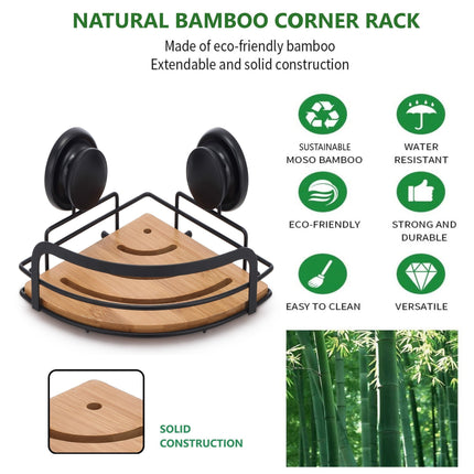 2 Pack Round Bamboo Corner Shower Caddy Shelf Basket Rack with Premium Vacuum Suction Cup No-Drilling for Bathroom and Kitchen.