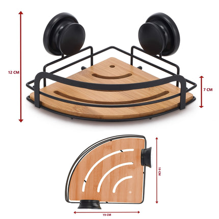 2 Pack Round Bamboo Corner Shower Caddy Shelf Basket Rack with Premium Vacuum Suction Cup No-Drilling for Bathroom and Kitchen.