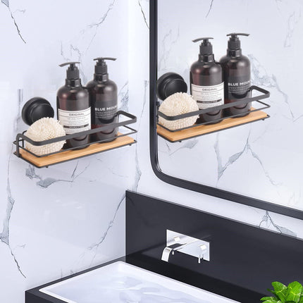 2 Pack Rectangular Bamboo Corner Shower Caddy Shelf Basket Rack with Premium Vacuum Suction Cup No-Drilling for Bathroom and Kitchen.