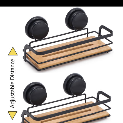 2 Pack Rectangular Bamboo Corner Shower Caddy Shelf Basket Rack with Premium Vacuum Suction Cup No-Drilling for Bathroom and Kitchen.