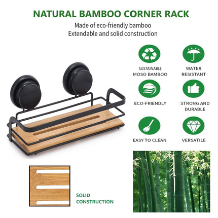 2 Pack Rectangular Bamboo Corner Shower Caddy Shelf Basket Rack with Premium Vacuum Suction Cup No-Drilling for Bathroom and Kitchen.