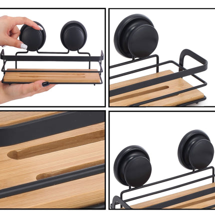 2 Pack Rectangular Bamboo Corner Shower Caddy Shelf Basket Rack with Premium Vacuum Suction Cup No-Drilling for Bathroom and Kitchen.