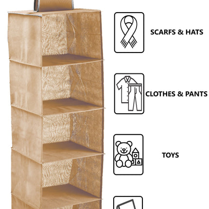 5 Tier Shelf Hanging Closet Organizer and Storage for Clothes (Beige).