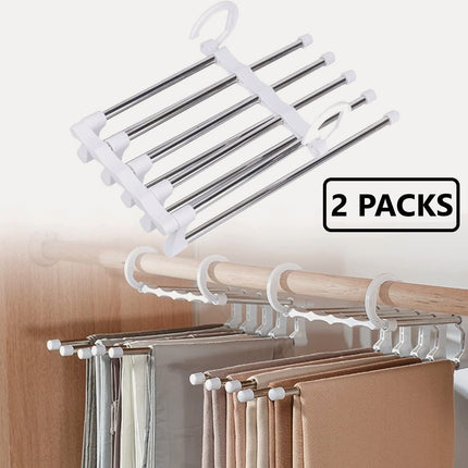 2 Pack Stainless Steel Adjustable 5 in 1 Pants Hangers Non-Slip Space Saving for Home Storage.