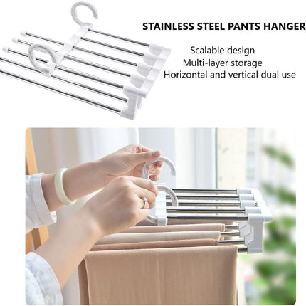 2 Pack Stainless Steel Adjustable 5 in 1 Pants Hangers Non-Slip Space Saving for Home Storage.