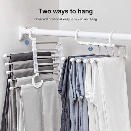 2 Pack Stainless Steel Adjustable 5 in 1 Pants Hangers Non-Slip Space Saving for Home Storage.