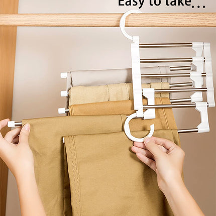 2 Pack Stainless Steel Adjustable 5 in 1 Pants Hangers Non-Slip Space Saving for Home Storage.