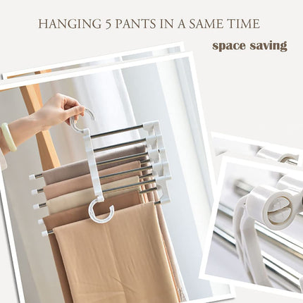 2 Pack Stainless Steel Adjustable 5 in 1 Pants Hangers Non-Slip Space Saving for Home Storage.