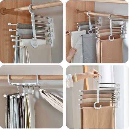 2 Pack Stainless Steel Adjustable 5 in 1 Pants Hangers Non-Slip Space Saving for Home Storage.