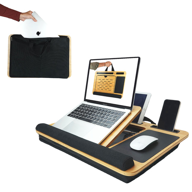 CARLA HOME Bamboo Laptop Lap Desk with Cushion, Angle Adjustable and Sleeve Case Bag for Office and Home.