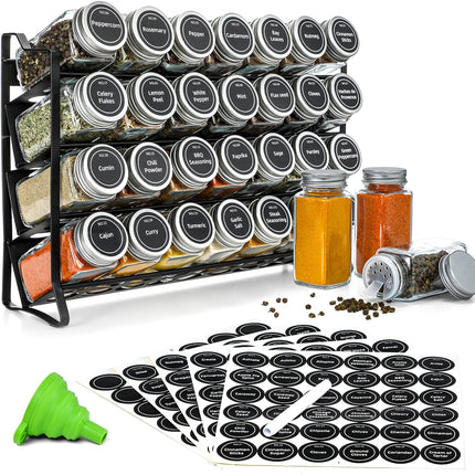 Spice Rack organiser with 28 Spice Jars, Spice Labels, Funnel and Marker for Kitchen Countertop.