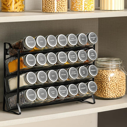 Spice Rack organiser with 28 Spice Jars, Spice Labels, Funnel and Marker for Kitchen Countertop.