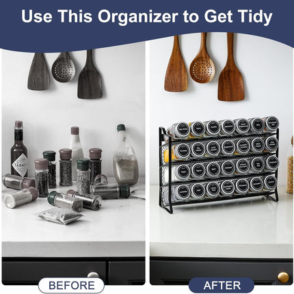 Spice Rack organiser with 28 Spice Jars, Spice Labels, Funnel and Marker for Kitchen Countertop.