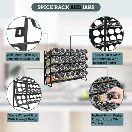 Spice Rack organiser with 28 Spice Jars, Spice Labels, Funnel and Marker for Kitchen Countertop.