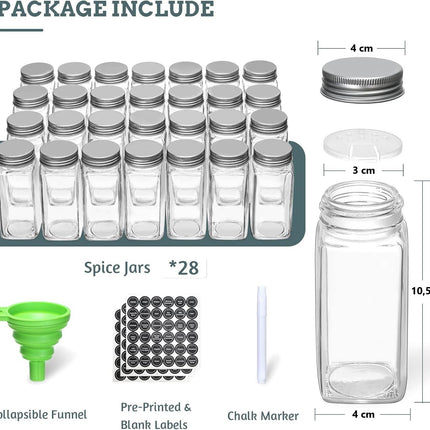 Spice Rack organiser with 28 Spice Jars, Spice Labels, Funnel and Marker for Kitchen Countertop.