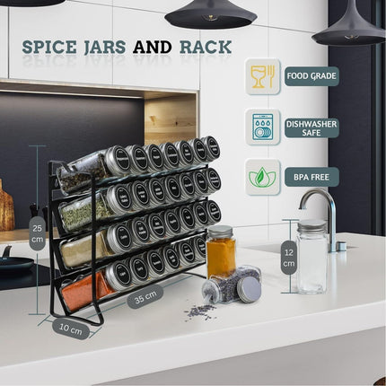 Spice Rack organiser with 28 Spice Jars, Spice Labels, Funnel and Marker for Kitchen Countertop.