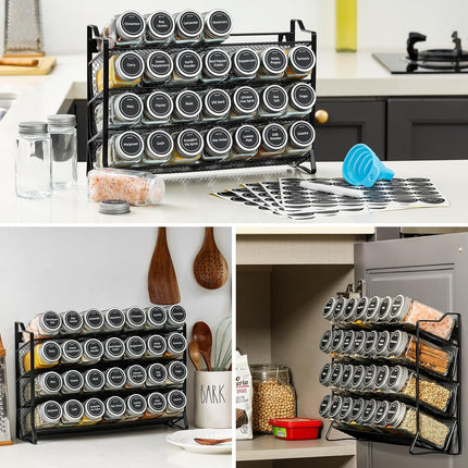 Spice Rack organiser with 28 Spice Jars, Spice Labels, Funnel and Marker for Kitchen Countertop.