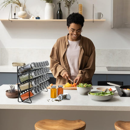 Spice Rack organiser with 28 Spice Jars, Spice Labels, Funnel and Marker for Kitchen Countertop.
