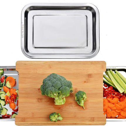 Chopping Board with with 2 Organiser Stainless Steel Trays Containers.