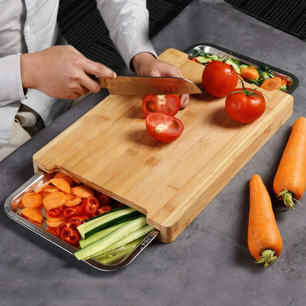 Chopping Board with with 2 Organiser Stainless Steel Trays Containers.