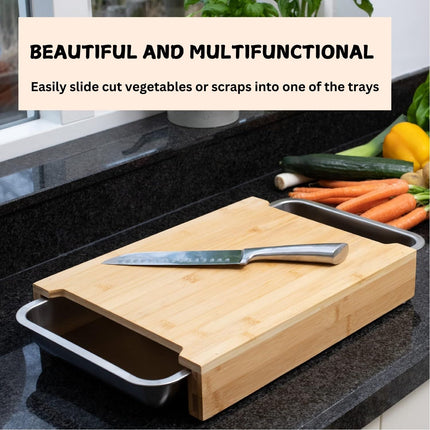 Chopping Board with with 2 Organiser Stainless Steel Trays Containers.
