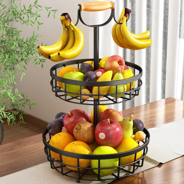 2-Tier Fruit Basket Bowl Storage with Wood Lift Handle and Dual Banana Tree Hanger for Kitchen Countertop.