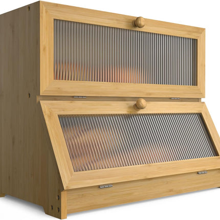 Double Layer Bamboo Bread Box for Kitchen Counter with Large Capacity and Clear Window.