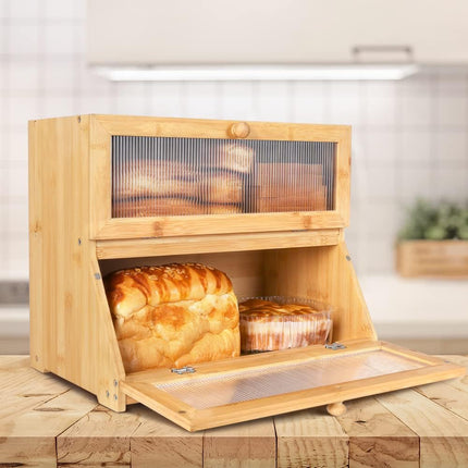 Double Layer Bamboo Bread Box for Kitchen Counter with Large Capacity and Clear Window.