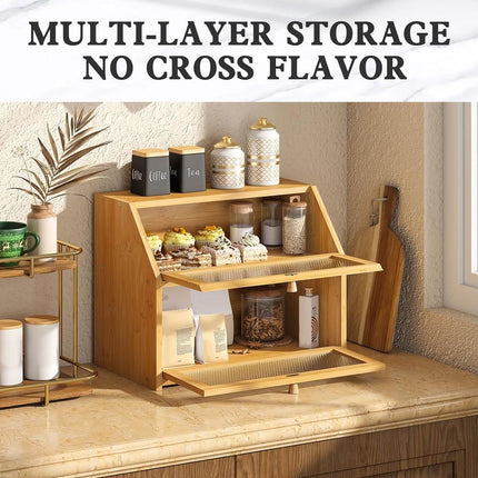 Double Layer Bamboo Bread Box for Kitchen Counter with Large Capacity and Clear Window.