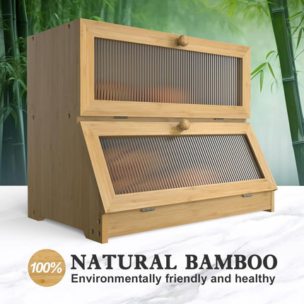 Double Layer Bamboo Bread Box for Kitchen Counter with Large Capacity and Clear Window.