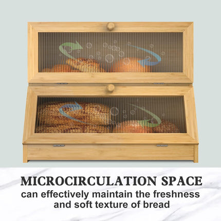 Double Layer Bamboo Bread Box for Kitchen Counter with Large Capacity and Clear Window.
