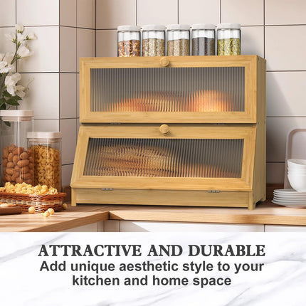 Double Layer Bamboo Bread Box for Kitchen Counter with Large Capacity and Clear Window.