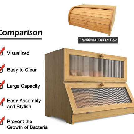 Double Layer Bamboo Bread Box for Kitchen Counter with Large Capacity and Clear Window.