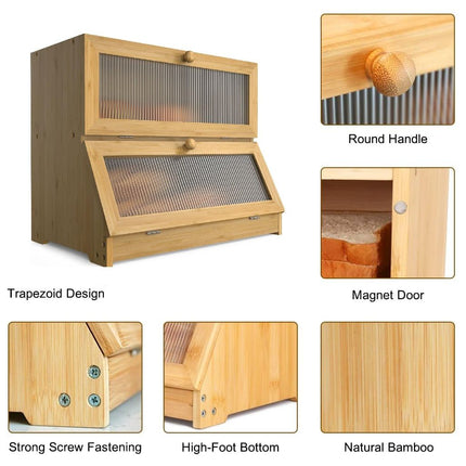Double Layer Bamboo Bread Box for Kitchen Counter with Large Capacity and Clear Window.
