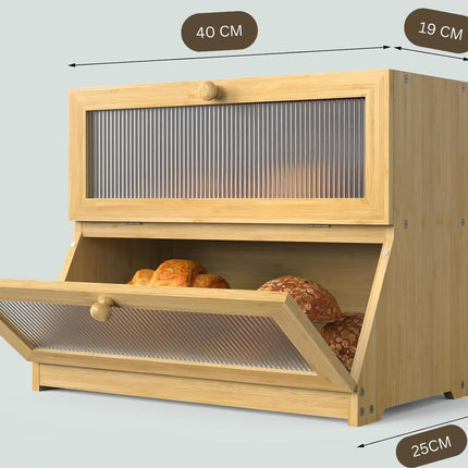 Double Layer Bamboo Bread Box for Kitchen Counter with Large Capacity and Clear Window.