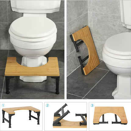 Bamboo Toilet Stool Foldable and Adjustable Height with Non-Slip Layer for Bathroom.