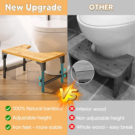 Bamboo Toilet Stool Foldable and Adjustable Height with Non-Slip Layer for Bathroom.