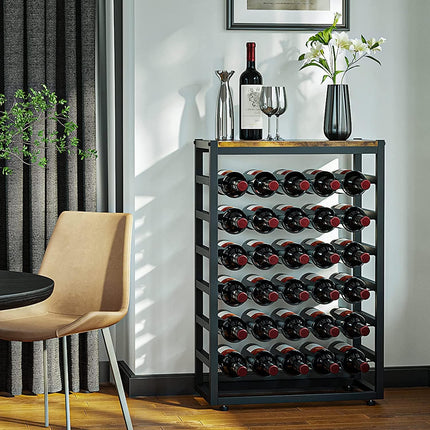6-Tier Freestanding Wine Rack for 30 Bottles with Wood Countertop and Sturdy Metal Frame.