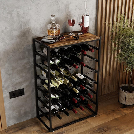 6-Tier Freestanding Wine Rack for 30 Bottles with Wood Countertop and Sturdy Metal Frame.